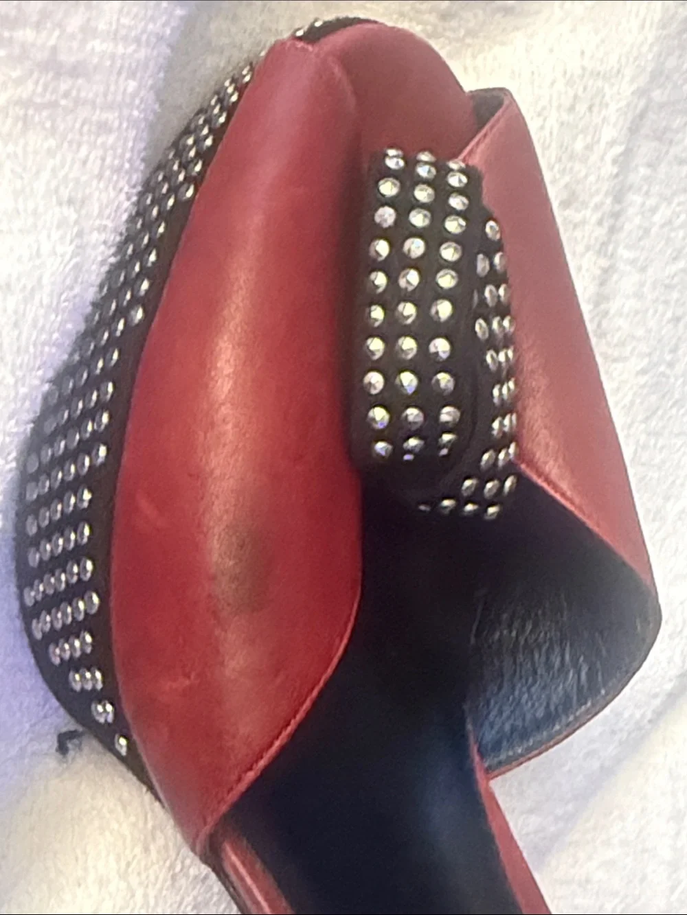 Sonia Rykiel Burgundy Studded Peep-Toe Block Heels with Ankle Strap